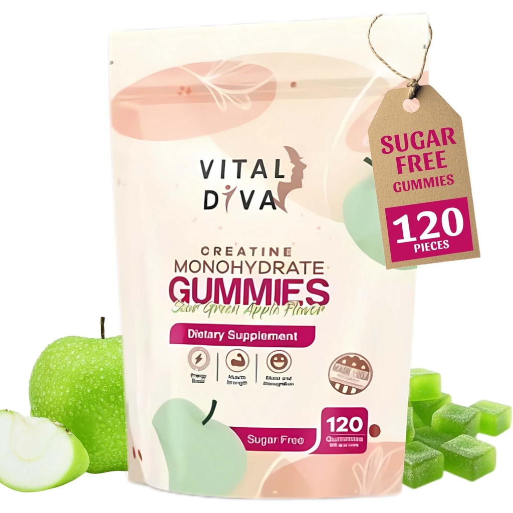 Creatine Monohydrate Gummies for Women - Full 5g Pure Creatine per Serving - Delicious Sour Green Apple Flavor, 120 Count (30-Day Supply) - Vegan, Non-GMO, Fitness Supplement