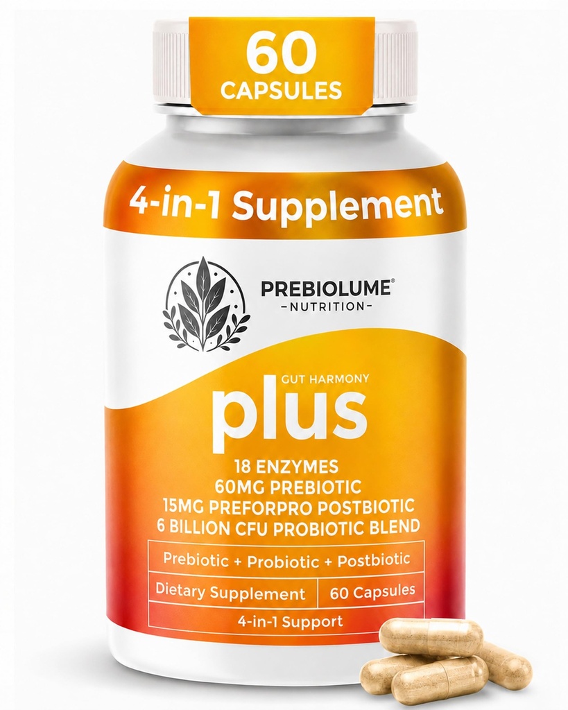 4-in-1 Formula, Probiotic, Prebiotic, Postbiotic with 18 Digestive Enzymes Complex Supplement - Gut Health, Digestion, Microbiome Balance & Overall Wellness, Probiotics for Women & Men - 60 Capsules
