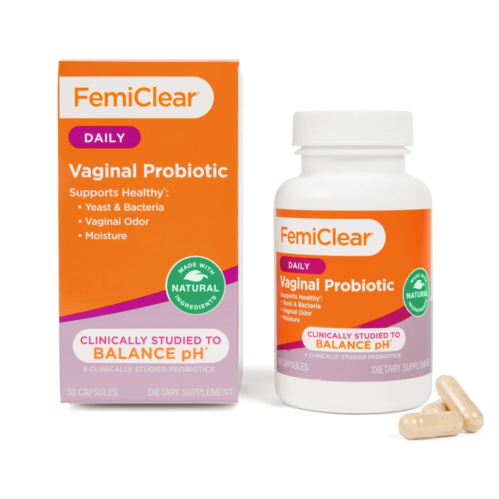 FemiClear Vaginal Probiotics, 30 Delayed-Release Capsules, Daily Women's Probiotic Supplements, Helps Support Vaginal pH Balance, Healthy Yeast and Moisture, All Natural & Organic Ingredients