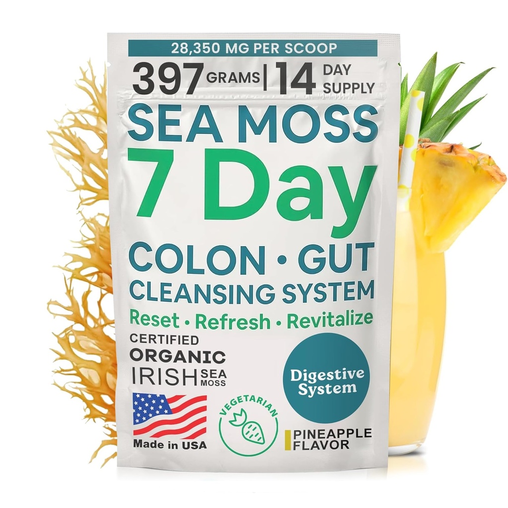 Atlantic Naturals Sea Moss 7-Day Colon & Gut Purification - Golden Flax Seeds, Psyllium Husk, Senna Powder, für Damen und Herren - Ananas Flavor Drink Mix (14 oz)