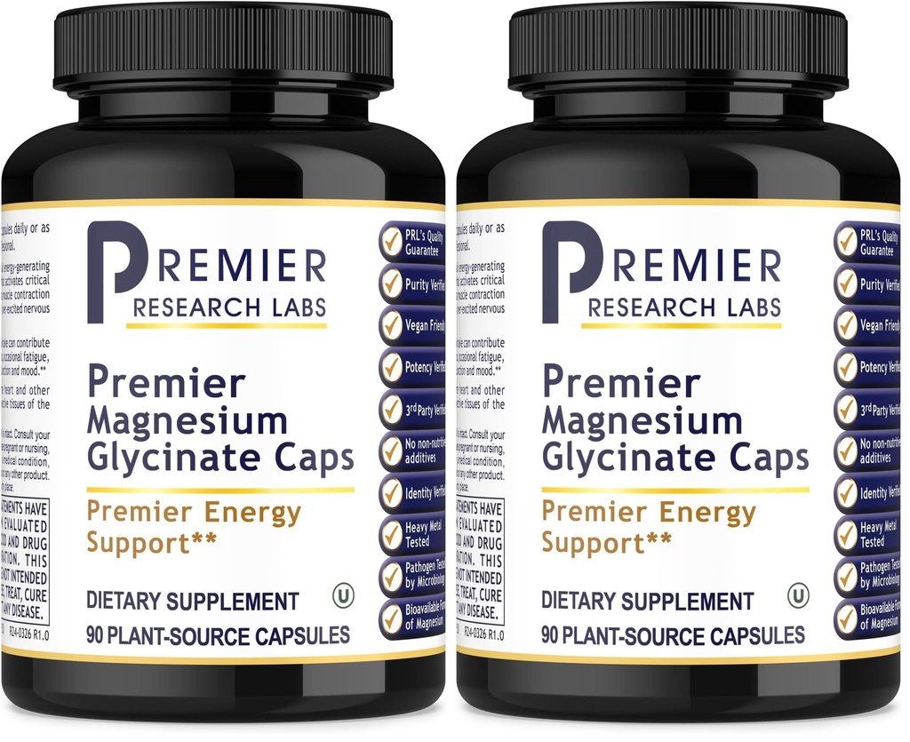 Premier Research Labs Magnesium Glycinate Supplement - Pure Magnesium, High Absorption, Supports Sleep Quality, Chelated, Vegan, Third Party Tested, Premier Energy Support - 90 Capsules (Pack of 2)
