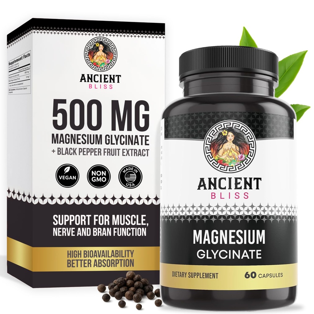 Antike Bliss Magnesium Glycinat für Muskeln & Nerves, Verdauungs- und Immununterstützungsergänzung, Magnesiumergänzung für Frauen & Männer (60 Kapseln)