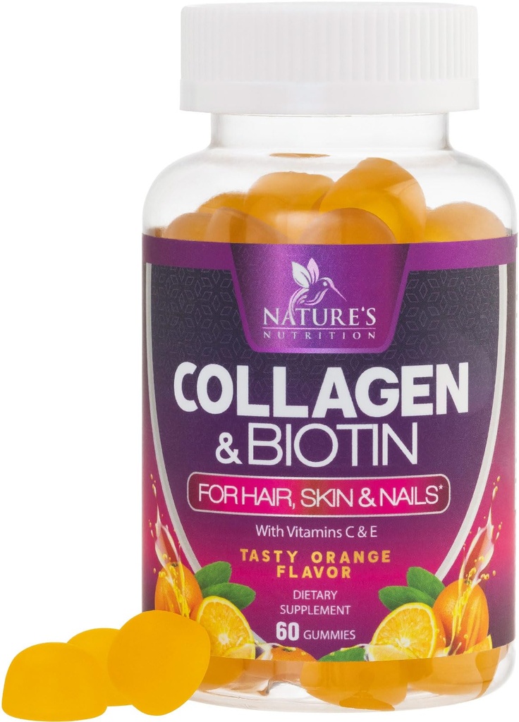 Kollagengummis mit 2500mcg Biotin, Vitamin C & Zink - hydrolysiertes Collagen Peptid Typ 1 & 3 Beilage - Fortgeschrittenes Haar, Haut und Nagel Wachstumsunterstützung für Frauen & Männer, Glutenfrei, Non-GMO - 60 Count
