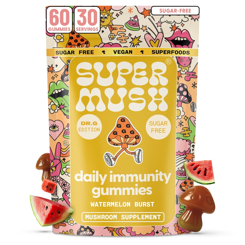 SuperMush Dr. G Daily Greens Immunity Gummies - Lions Mane, Reishi, Chaga Mushrooms, Prebiotics & Vitamins for Immune System Support, Gut Health & Radiance - Sugar Free Mushroom Supplement (60 Count)