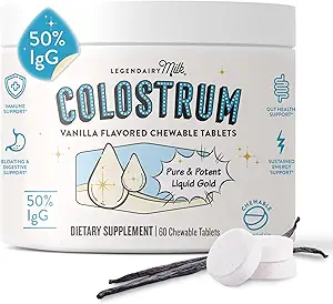 Legendairy Milk Colostrum Supplement - Premium Bovine Colostrum für den Menschen - 50% IgG Immunoglobulin für Immununterstützung & Gut Gesundheit - Energie & Muskel Erholung - Vanilla Chewable Tablets, 30 Servietten
