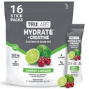 TRULABS Hydrate + Creatine Electrolytes Drink Mix – Cherry Limeade Flavor with 5g Creatine Monohydrate, 1422mg Electrolytes, 19 Vitamins & Minerals, 6 B Vitamins, Sugar-Free (16 Stick Packs)