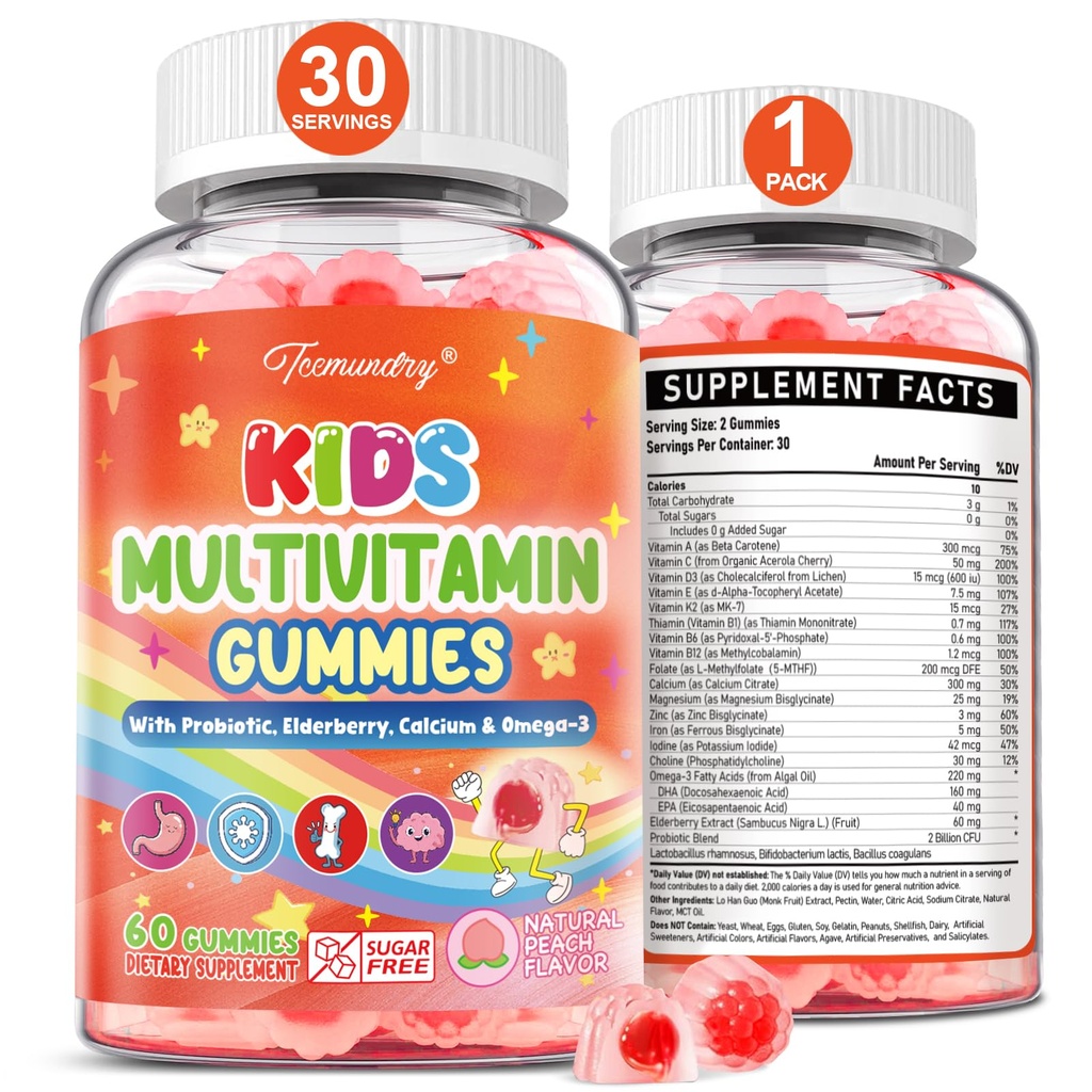 Kids Multivitamin Gummies - Kids Vitamins with Calcium, Probiotics, Iron, Omega-3, Methylated B12 & Methylfolate, Vitamin D3, K2, B6, A, C, E, Zinc for Healthy Growth - Sugar Free, Vegan, 60 Gummies