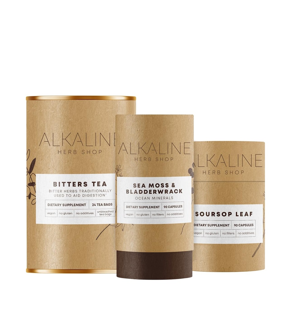 Alkaline Herb Shop Power Pack Bundle – Sea Moss & Bladderwrack, Soursop Leaf, and Bitters Tea