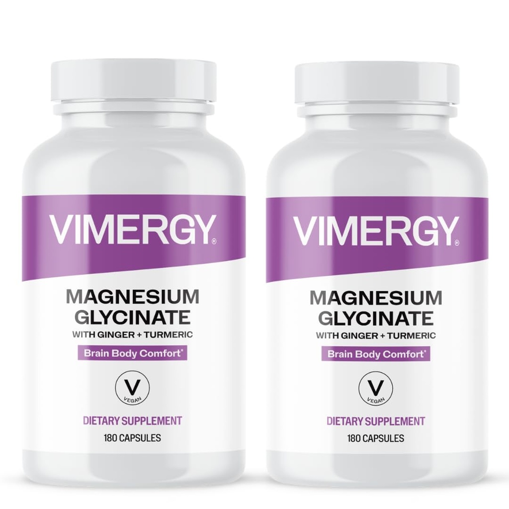 VIMERGY Magnesium Glycinate – Stress Support – Chelated to Avoid Tummy Upset*– Promotes Heart Health & Energy*– Kosher, Vegan Gluten-Free – 180 Caps (Pack of 2)
