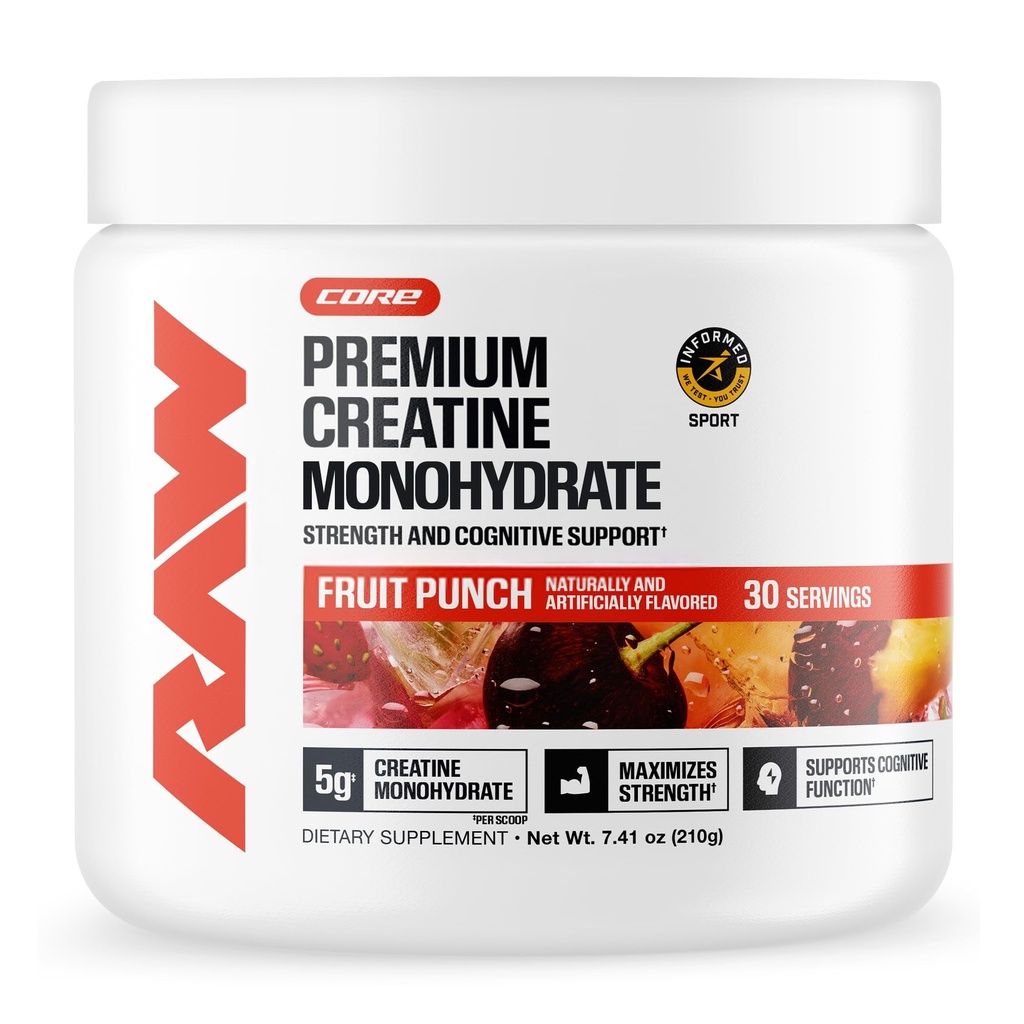 RAW Nutrition Creatine Monohydrate Powder, Fruit Punch (30 Servings) - Micronized Creatine Monohydrate Supplement for Workout Performance, Build Muscle & Strength - Creatine Powder for Men & Women