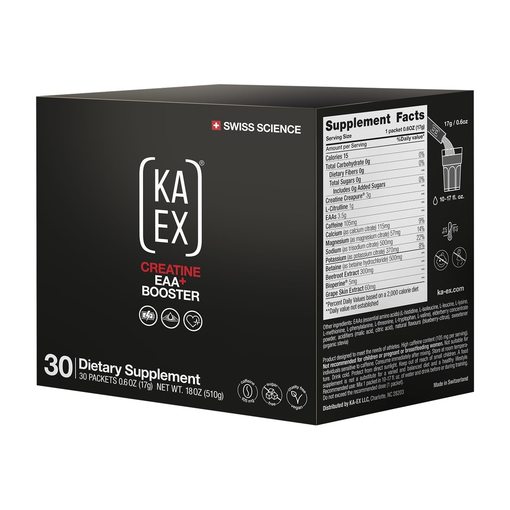 KA EX Sugar Free Creatine EAA+ Booster Powder - Creapure® Creatine, L‑Citrulline, Caffeine, Betaine, Beetroot, Electrolytes - Power, Endurance & Hydration - Pre‑ & Intra‑Workout Performance (30ct)