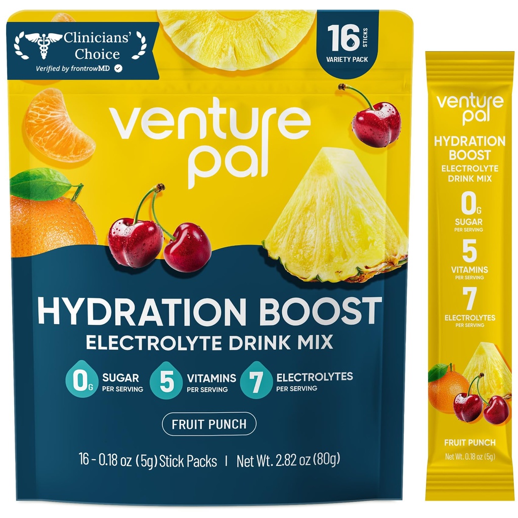 Venture Pal Sugar Free Electrolyte Powder Packets - Liquid Daily IV Hydration Packets for Rapid Rehydration | 7 Electrolytes & 5 Vitamins | Keto Friendly | Non-GMO | Vegan | Fast Dissolve | 16 Sticks