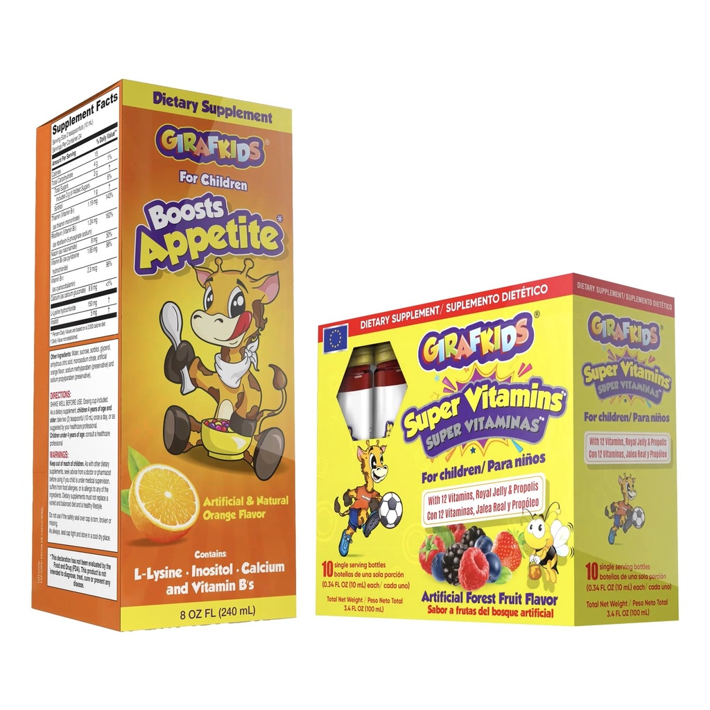 GirafKids Appetite Booster Syrup + Super Vitamins Liquid Bundle for Kids Ages 4+ | Nutrient Rich Daily Support | Orange & Forest Fruit Flavors