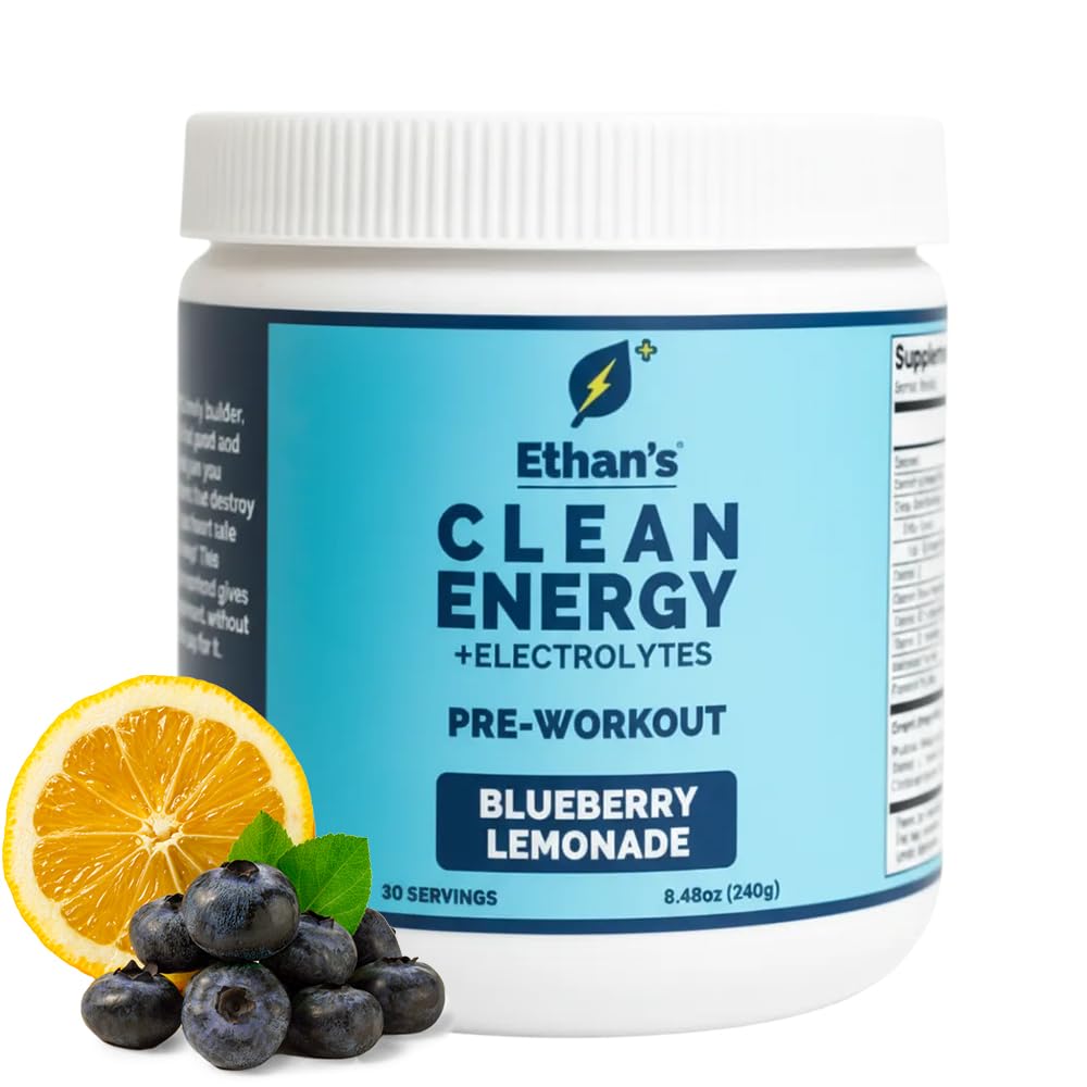 Ethan’s Feel Good Pre-Workout & Hydration Drink Mix, 200mg Plant-Based Caffeine, Electrolytes & Adaptogens, Vegan Organic — Blueberry Lemonade, 30 Servings