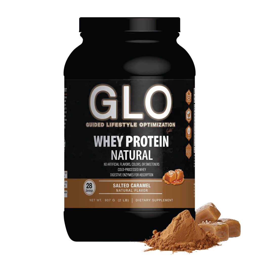 GLO Health Foods Cold-Processed Whey Protein - Salted Caramel Flavor - 24g Protein per Serving - Whey with Digestive Enzymes & BCAAs - Supports Muscle Growth, Strength & Recovery - 2 LB (28 Servings)