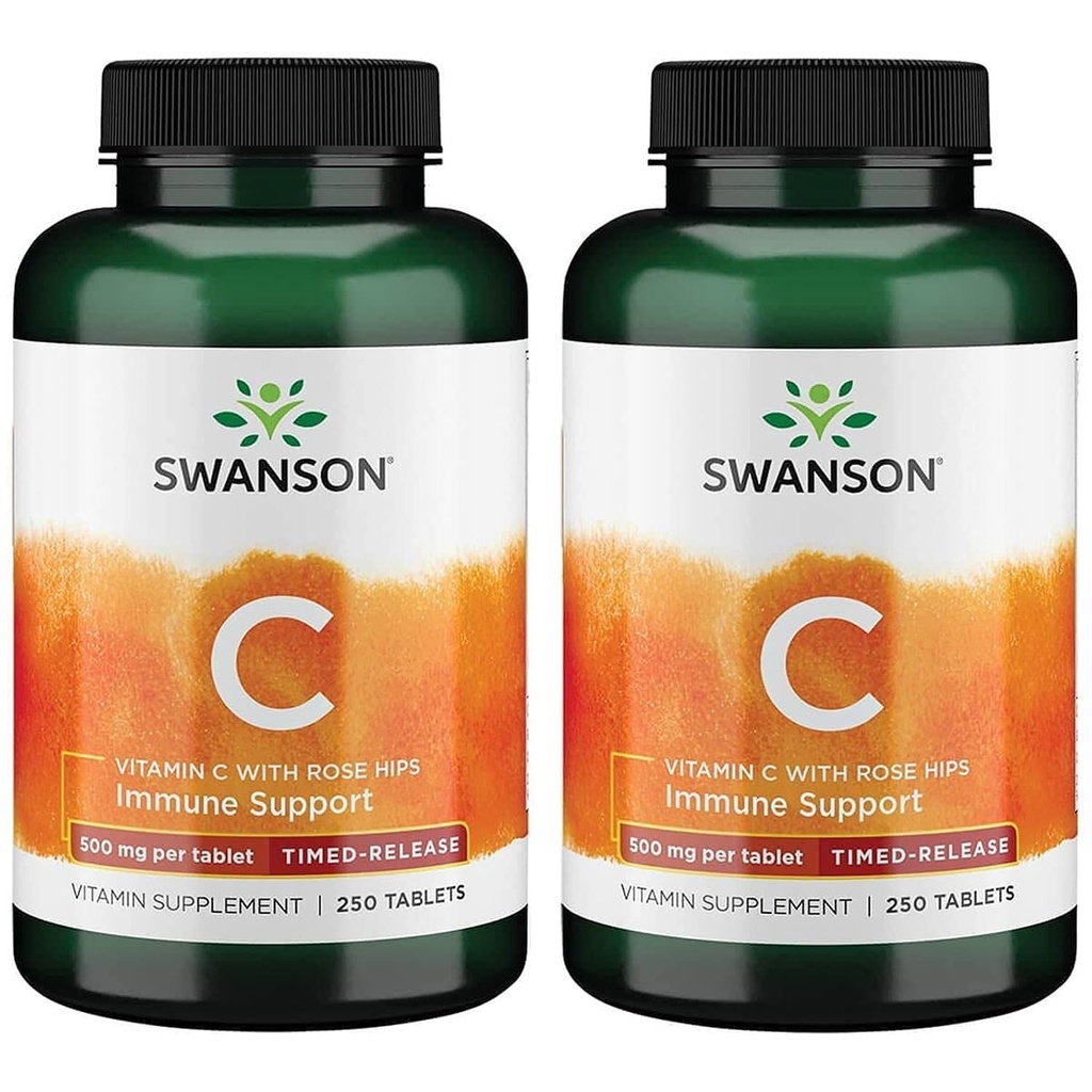 Swanson Timed-Release Vitamin C with Rose HIPS Immune System Support Skin Cardiovascular Health Antioxidant Supplement 500 mg 250 Tablets (Tabs) (2 Pack)