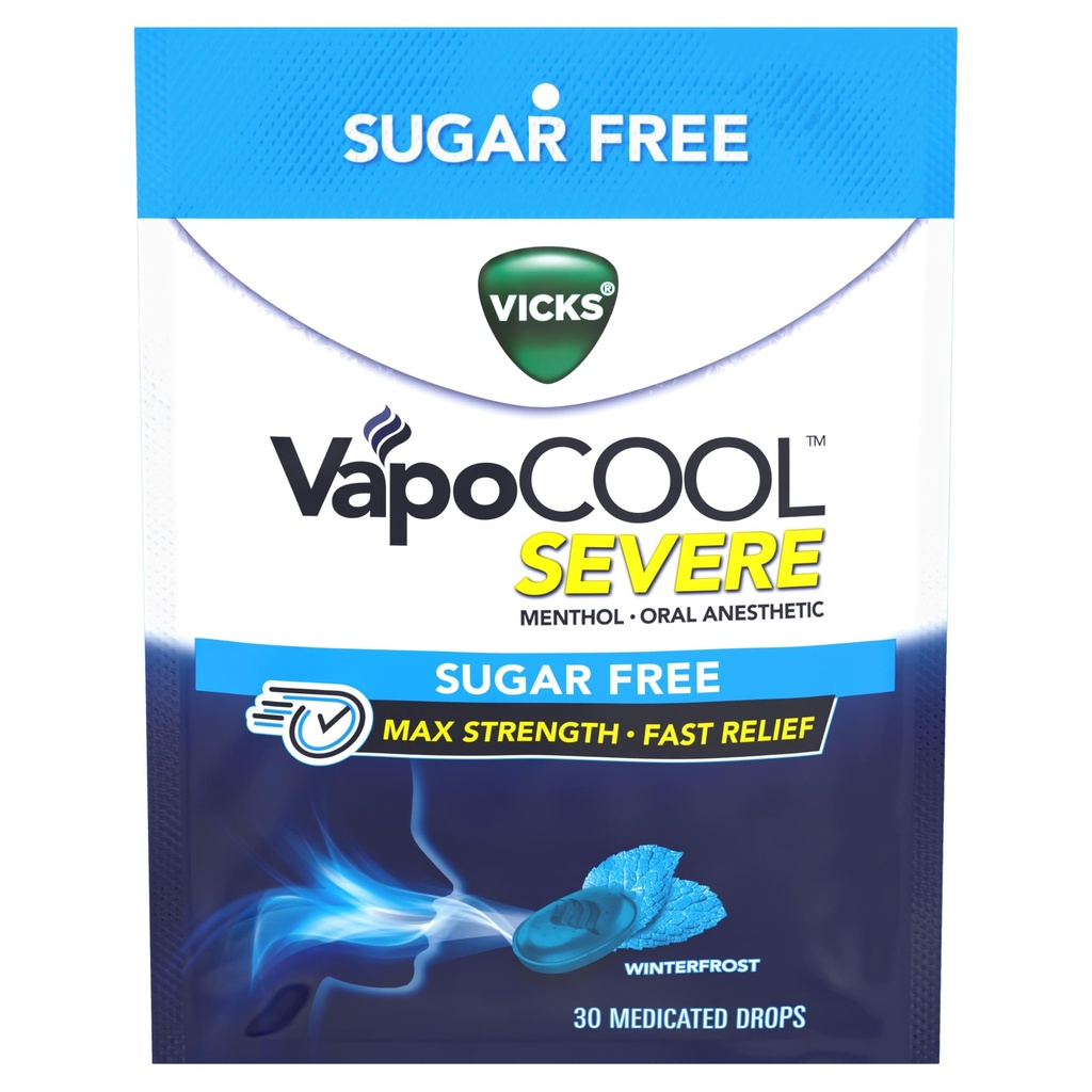Vicks VapoCool Severe Sugar Free, Medicated Sore Throat Drops, Max Strength Menthol, Soothes Sore Throat Pain, Winterfrost Flavor, 30ct