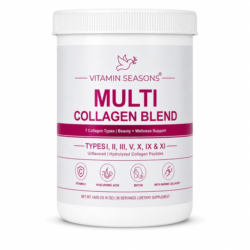 Multi Collagen Blend Powder, 7 Collagen Types, Hydrolyzed Collagen Peptides with Vitamin C, Biotin & Hyaluronic Acid, Gluten-Free, Keto, Unflavored, 36 Servings, 430g