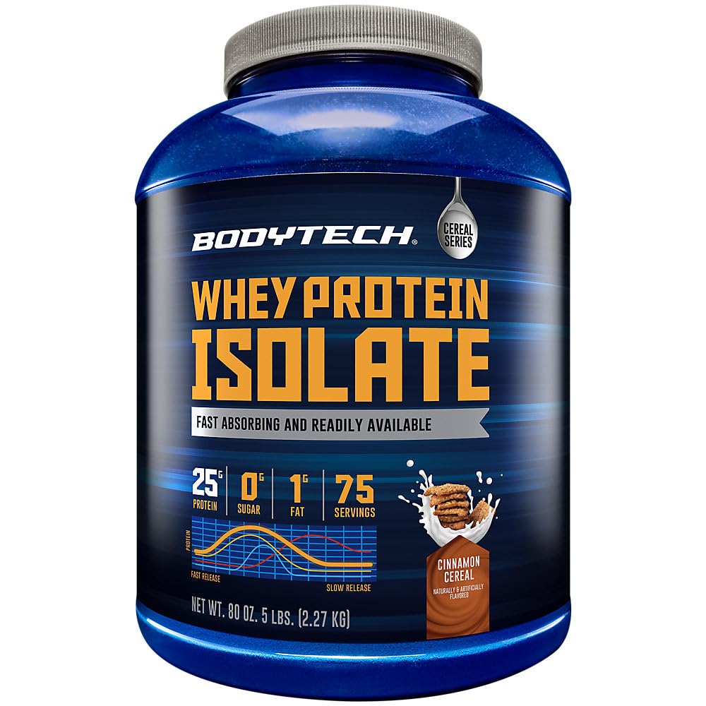 BodyTech Whey Protein Isolate Powder - 25g Protein per Serving with BCAAs - Fast-Absorbing for Muscle Growth & Recovery - Cinnamon Cereal (5 lb, 75 Servings)