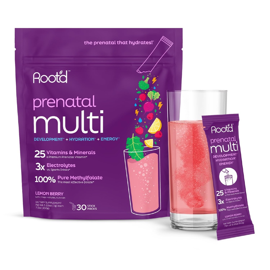 Root'd Prenatal Multivitamin Pulver - 25 Vitamine & Minerals mit 3x Elektrolyten, Folat, Eisen, D3 für Mama & Baby, 7 Superfood & Probiotika, Zuckerfreie Vitamine & Hydration | 30 Vitamin Getränke