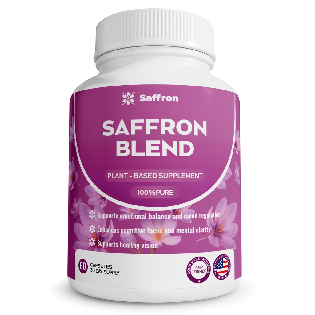 Saffron Supplements for Men & Women - Mood, Energy & Vision Support - Saffron, Magnesium, Vitamin B6 & Adaptogenic Herbal Blend, Non-GMO, Gluten-Free, 60 Vegan Capsules(30 Day Supply)