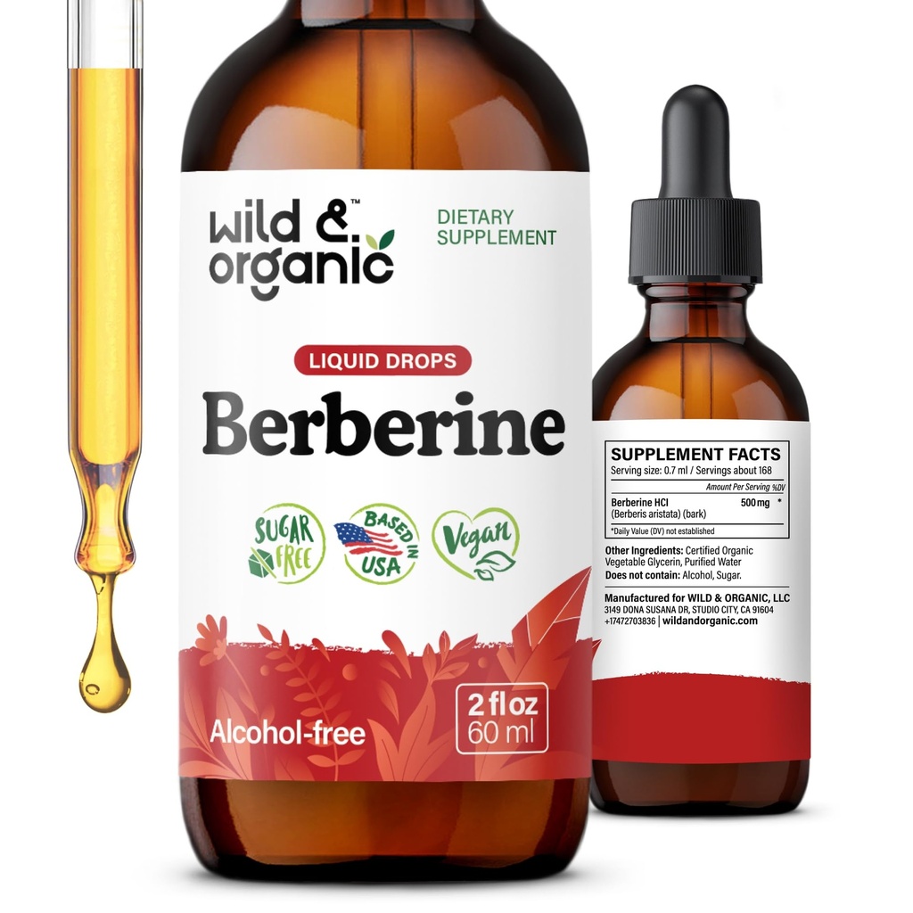 Wild & Organic Berberine Supplement 500mg - Antioxidant Support - HCL Berberine Liquid Drops - Add to Tea Tincture - Berberis Aristata Bark Extract - Vegan, Alcohol & Sugar-Free - 2 fl oz