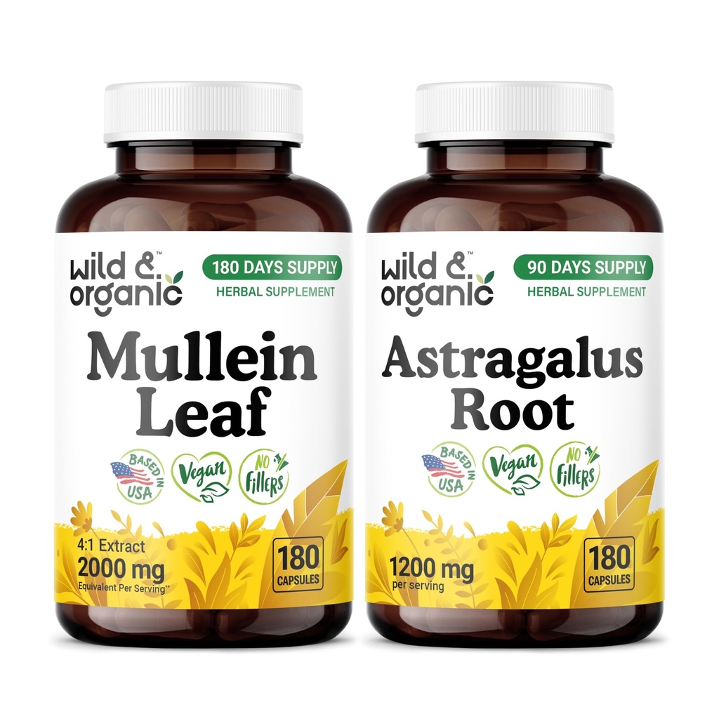 Wild & Organic Mullein Leaf 180 Capsules & Astragalus Root 180 Capsules