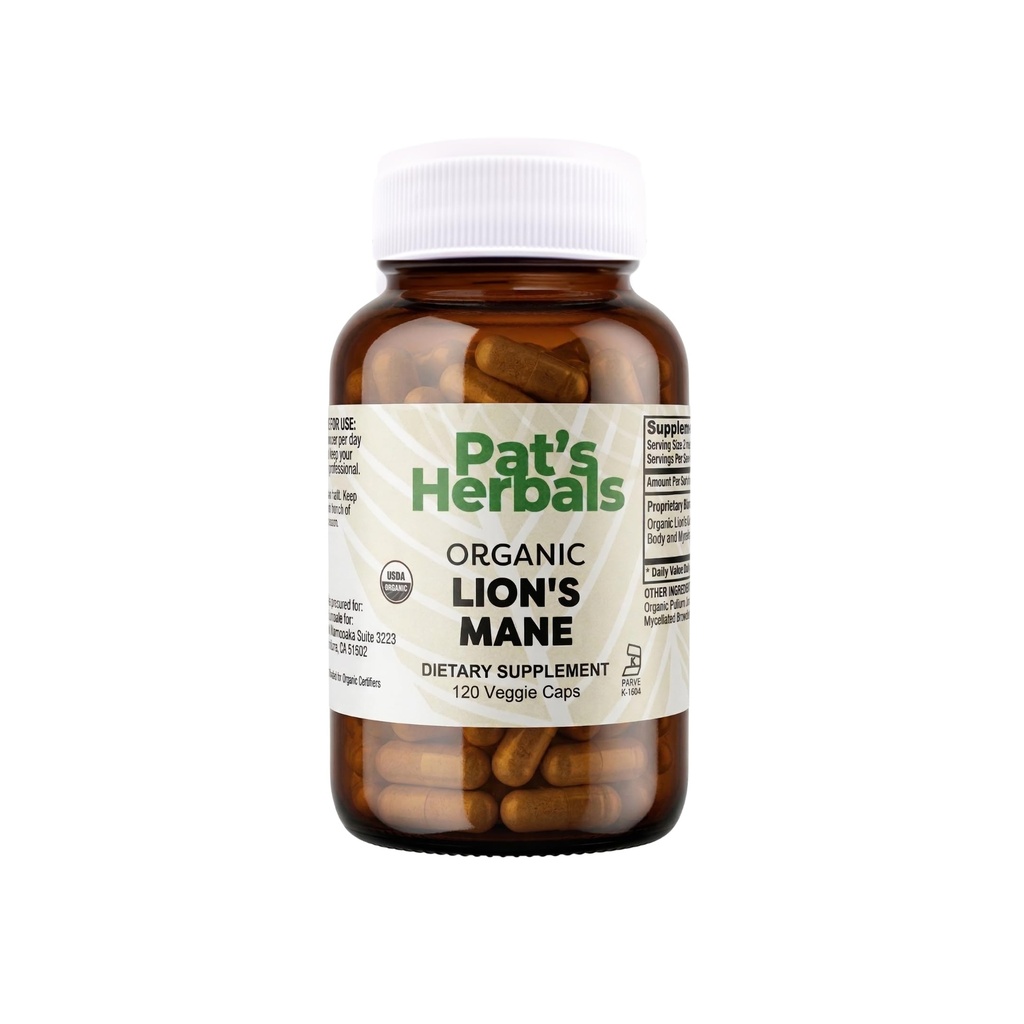 Pat's Herbals Organic Lion’s Mane Capsules | 120 Count | 1000 mg Pure Lion’s Mane | Vegan & Non-GMO