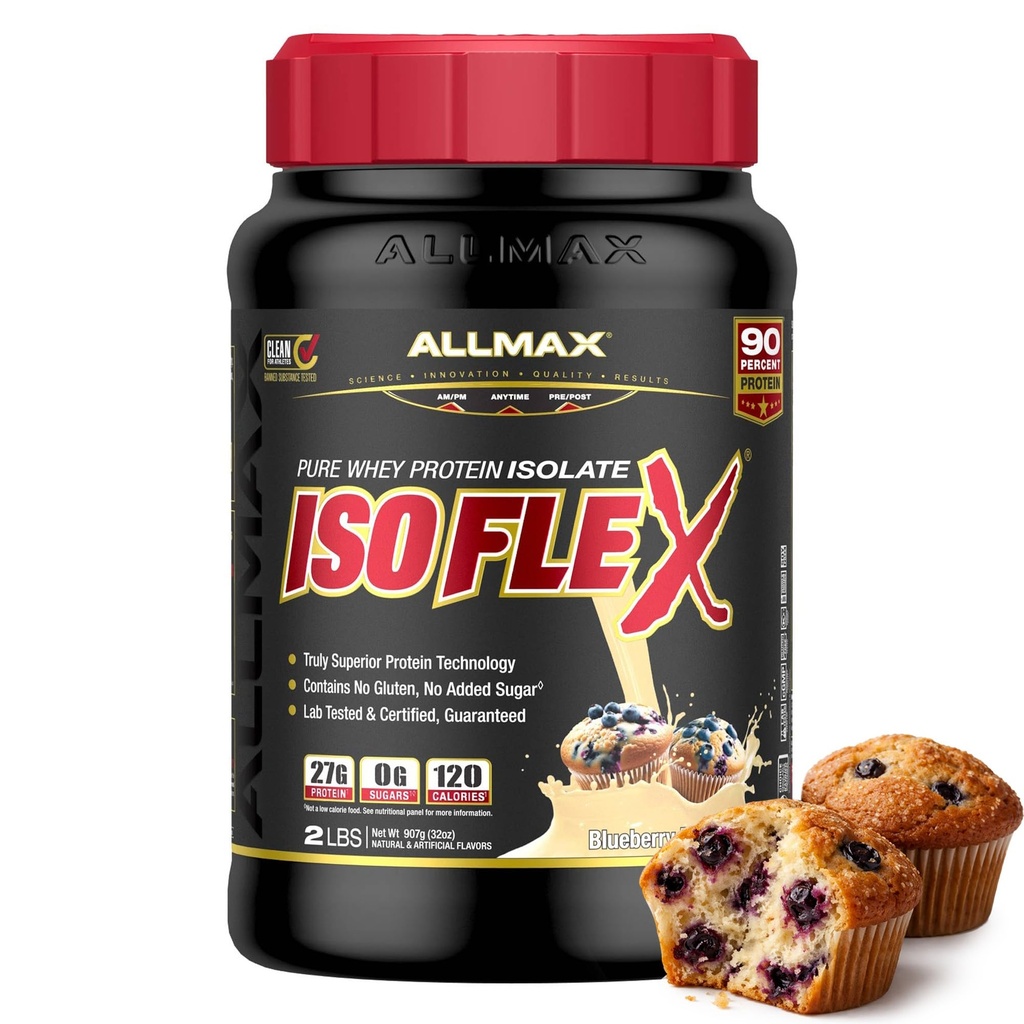 ALLMAX ISOFLEX Pure Whey Isolate Protein Powder - Gluten Free, Low Lactose, Sugar-Free - High-Protein, Clean, Keto-Friendly for Pre Post Workout Supplement for Women and Men | Blueberry Muffin, 2lb