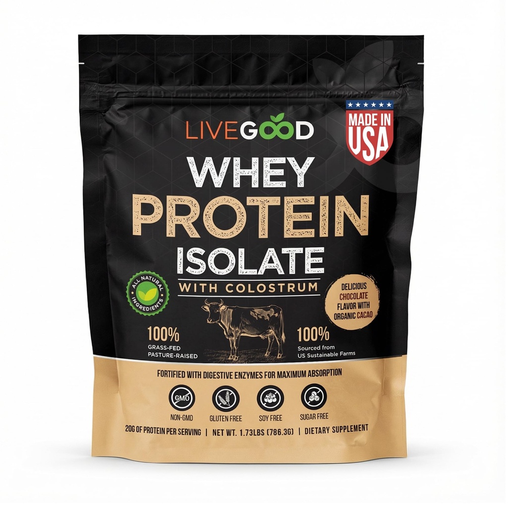 LiveGood Whey Protein Isolate with Colostrum | 20g Grass-Fed Protein with 9 Essential Amino Acids & Digestive Enzymes | Chocolate Protein Powder