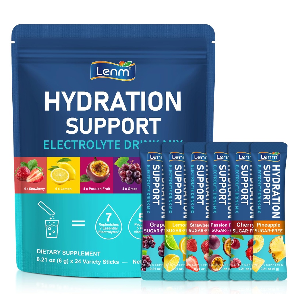 Electrolytes Powder Packets, 24 Hydration Packets with 7 Electrolytes & 5 Vitamins - 0 Sugar, Non-GMO, Gluten-Free - 6 Flavors (Pineapple, Grape, Cherry, Passion Fruit, Lemon, Strawberry)