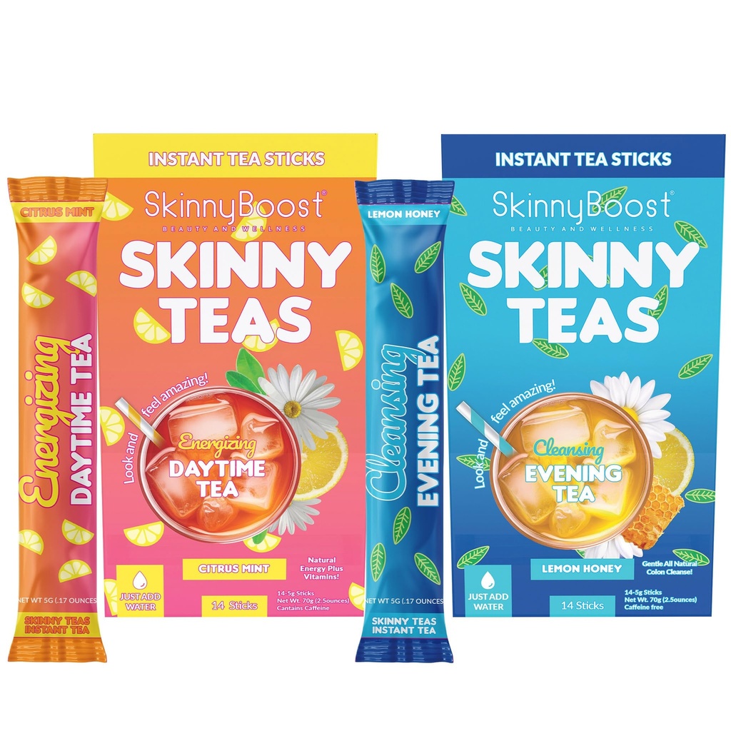Skinny Teas Day & Night Kit – Energizing Daytime Tea (Citrus Mint) + Cleansing Evening Tea (Lemon Honey), Natural Energy + Digestive Cleanse Support, 28 Sticks Total