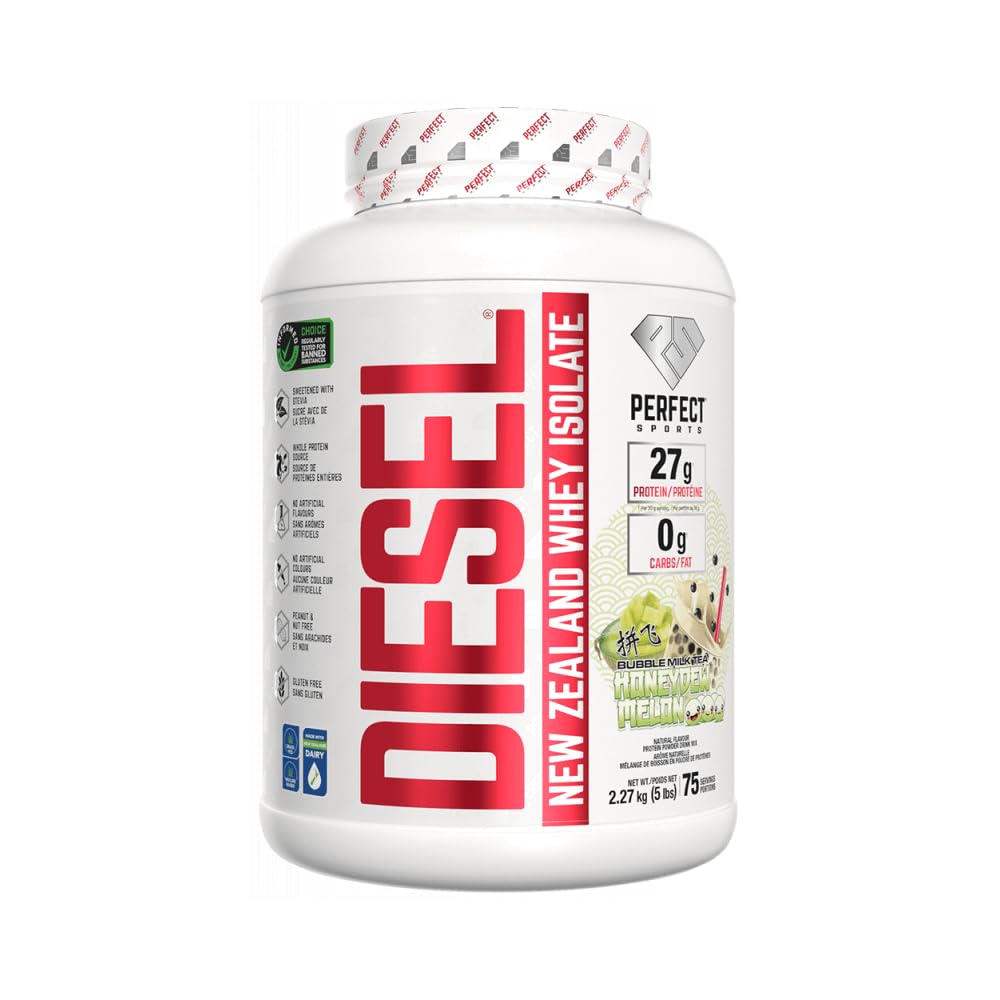 PERFECT SPORTS Diesel 100% New Zealand Whey Protein Isolate | Stevia Sweetened, No Artificial Ingredients, Keto | 0g Carb, 0g Fat, 26g Protein | 5 Pounds (Honeydew Melon Bubble Milk Tea)