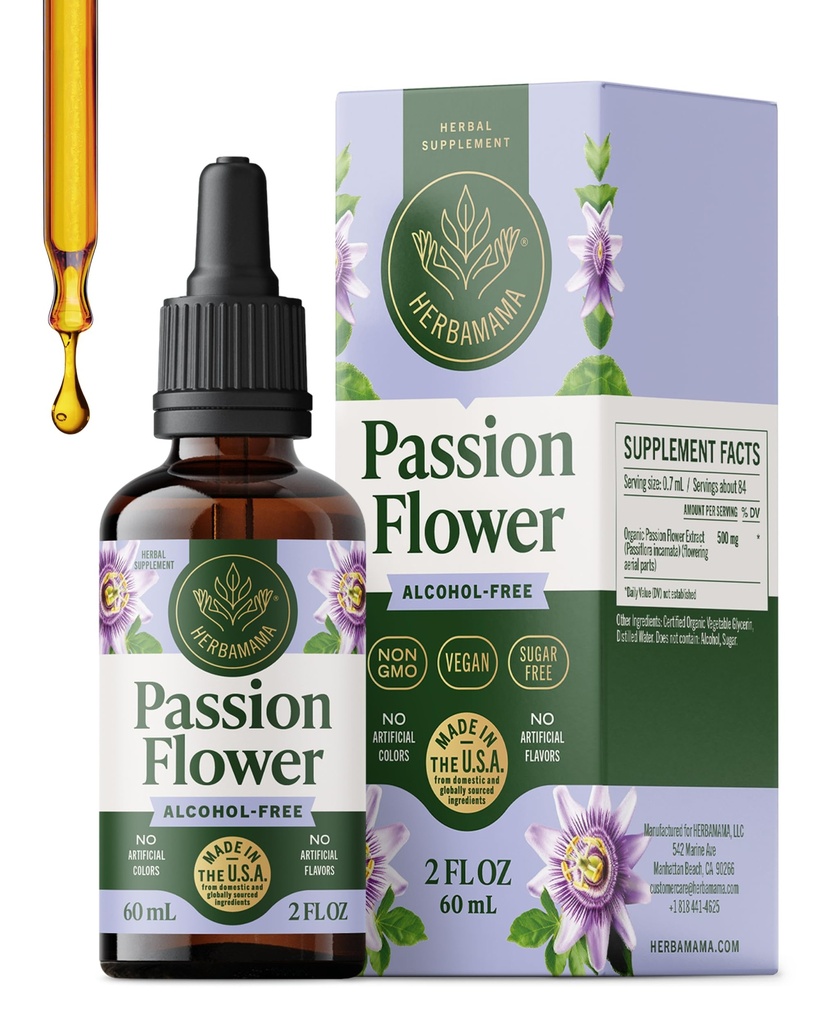 HERBAMAMA Passion Flower Extract for Stress Relief & Relaxation – Passionflower Tincture for Sleep & Cortisol Support – Vegan, Alcohol & Sugar-Free Passiflora Incarnata Calm Drops, 28-Day Supply