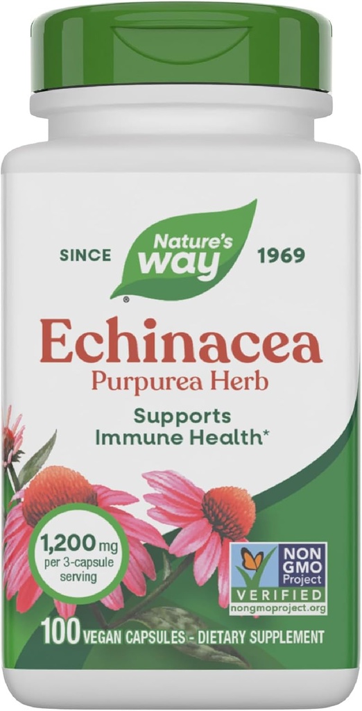 Nature's Way Echinacea Purpurea Herb, Immununterstützungsergänzung*, 1200 mg pro 3-Kapseln, Non-GMO Project Verified, Vegan, 100 Kapseln (Packaging May Vary)