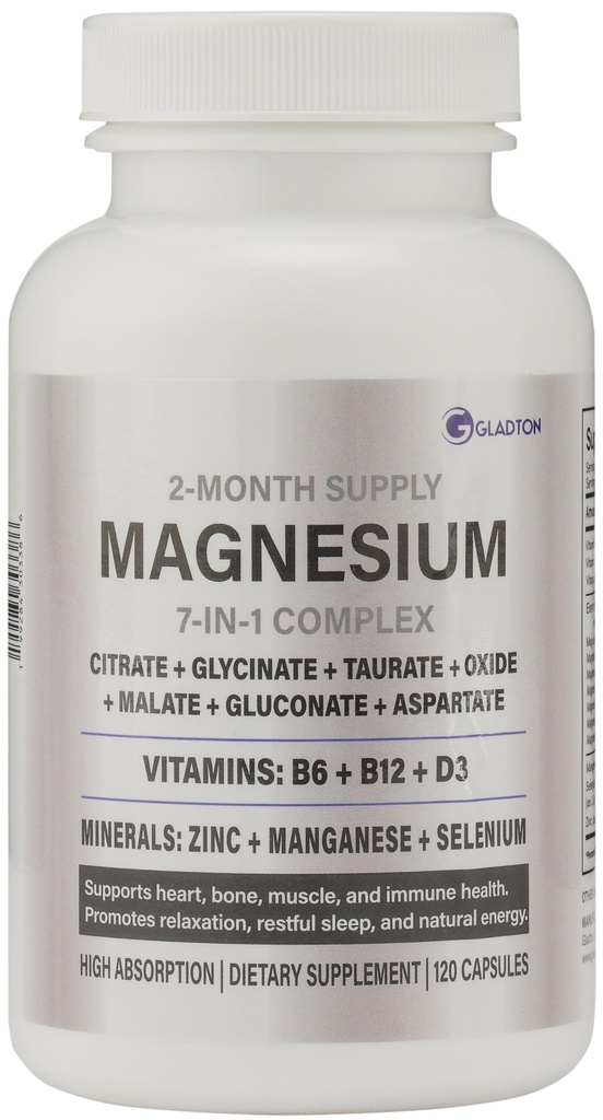 Magnesium Glycinate Complex Supplement 444mg 120Caps | 7 Forms Glycinate Citrate Malate Taurate Aspartate Gluconate Oxide + VIT B6 B12 D3 + Zinc Selenium Manganese | Sleep Muscle Heart Immune Support