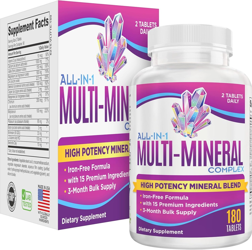 All-in-1 Multimineral Supplement Blend (Iron Free Formula) Multiminerals | Trace Minerals | High-Potency Multi Mineral Supplements | Mineral Complex | 90-Day Bulk Supply | 180 Tabletten