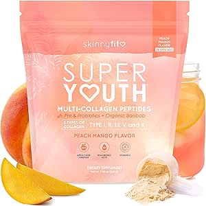SkinnyFit - Super Youth Collagen für Damen - Multi Collagen Peptides Powder - Probiotics, Fiber, Hyaluronsäure - Non GMO, Glutenfrei, Sugar Free - Beauty & Self Care - Peach Mango (28 Servierungen)
