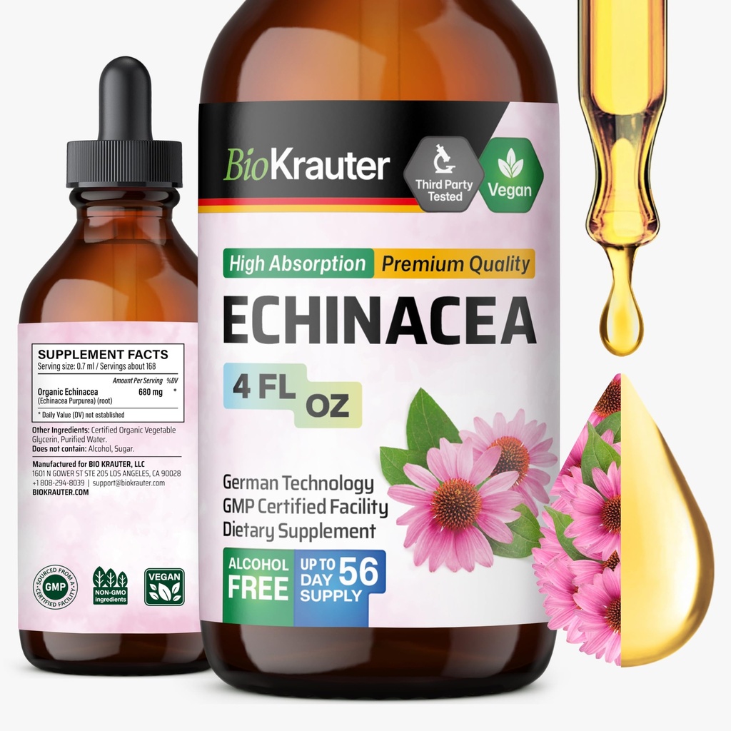 BIO KRAUTER Echinacea Tropfen - Natürliche Immununterstützung - Echinacea Tinktur Supplement - Vegan, Alkohol & Zucker Kostenlose Tropfen - 4 Fl.Oz.