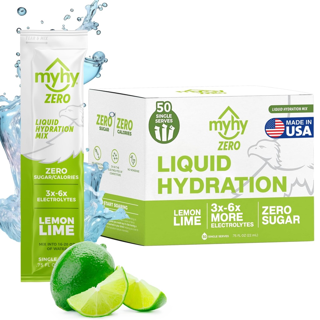MyHy ZERO Liquid Hydration Packets - Electrolyte Drink Mix Packets, Liquid Hydrating Packets with Electrolytes for Pregnancy Hydration, Fitness, Bachelor & Bachelorette Party, Lemon Lime 50 Count