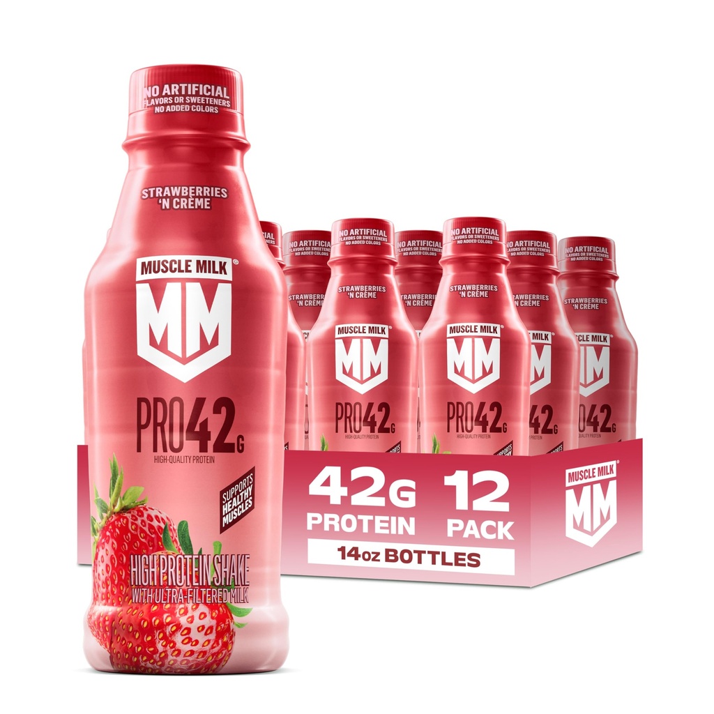 Muscle Milk Pro High Protein Shake, Strawberries 'n Creme, 14 fl oz Bottles, (12 Pack) Ultra-Filtered Milk, 42g High Quality Protein, 4g Sugar, 240 Calories, No Artificial Flavors, No Artificial Sweeteners, No Added Colors