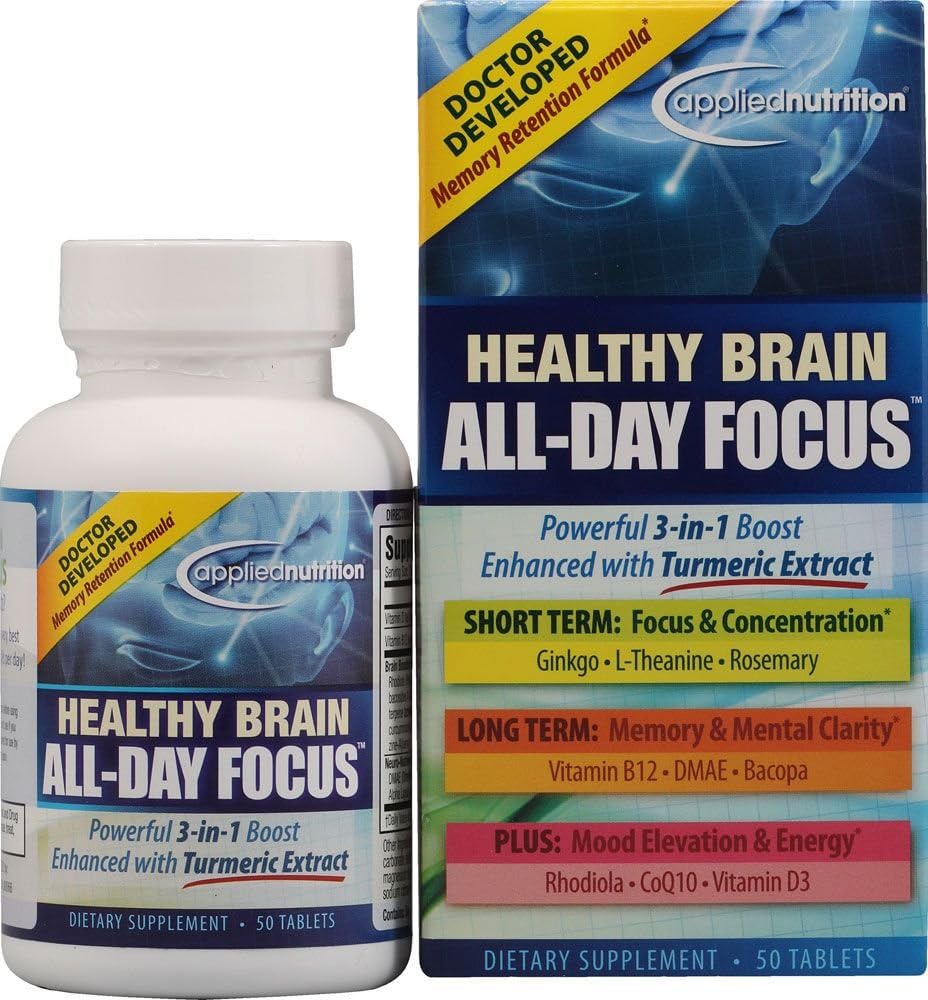Angewandte Ernährung Gesund Brain All-Day Fokus - 50 Tabletten - Leistungsstarke 3-in-1 Brain Booster mit Kurkumaextrakt - 25 Servierungen