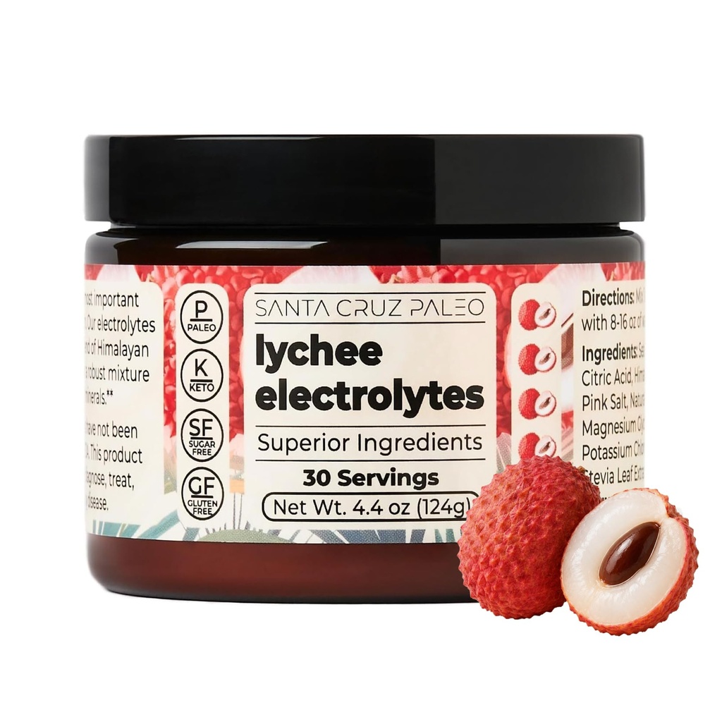 Santa Cruz Paleo Electrolyte Powder, Lychee Flavor, Sugar Free Hydration Drink Mix with Himalayan Pink Salt, Sea Salt, Magnesium Glycinate, Potassium Chloride, Sweetened with Stevia, 30 Servings