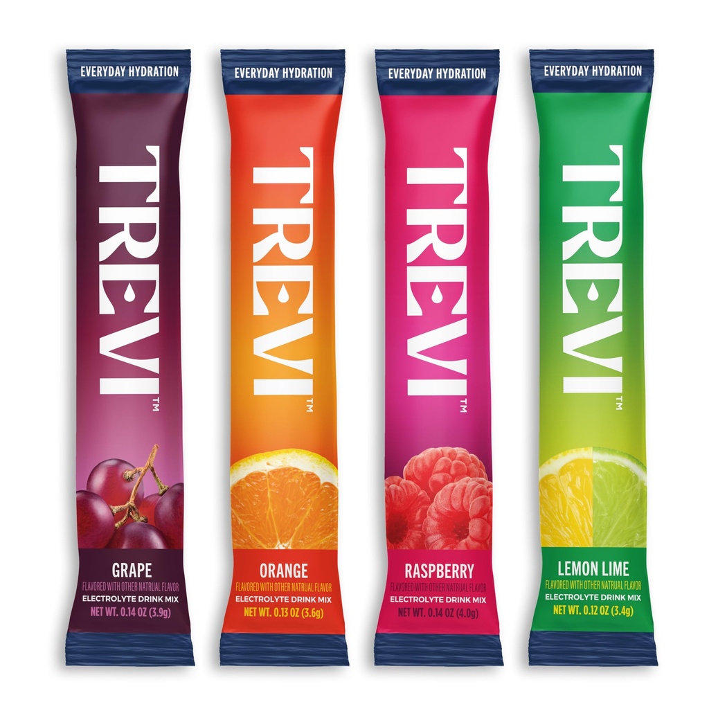 TREVI™ Everyday Sugar Free Electrolytes - Essential Drink Mix Hydration Powder Packets - 20 Count - Classic Variety Pack - Lemon Lime, Raspberry, Orange, Grape