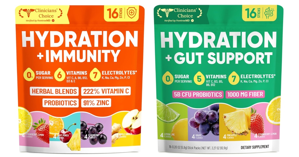 Venture Pal 2-in-1 Hydration Electrolytes Bundle – Gut Health + Immune Support Powder Packets, 7 Electrolytes, Vitamins & Probiotics, Elderberry, Turmeric, Sugar Free Drink Mix, 32 Sticks