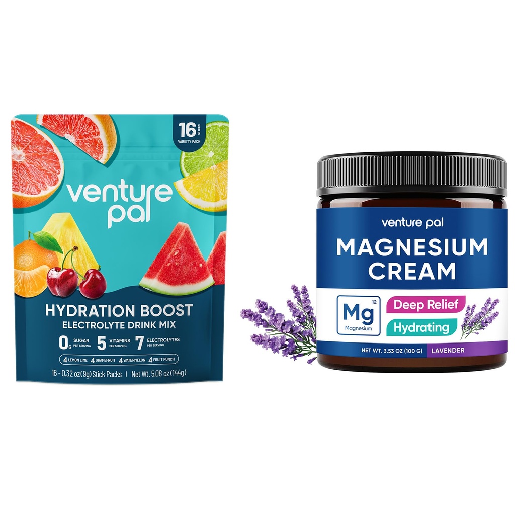Venture Pal Magnesium Lotion & Sugar-Free Electrolyte Powder Packets