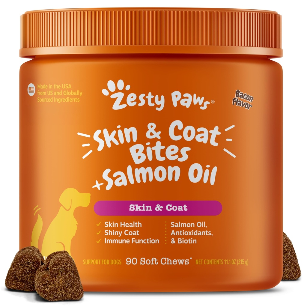 Zesty Paws Omega 3 Fischöl für Hunde - Zesty Paw Hund Vitamine und Ergänzungen für Hip, Joint & Skin, Bacon (90 Chews)