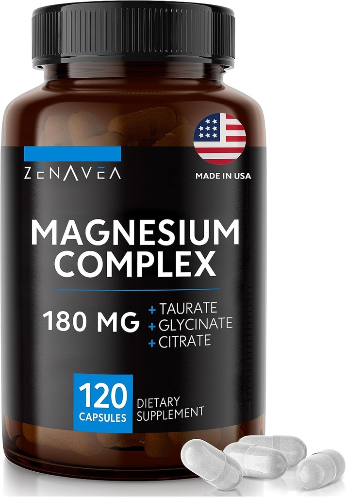 Triple Magnesium Complex Supplement (120 Vegan Kapseln) - 180 mg Magnesium Glycinat Taurat und Citrat - Calm Magnesium Complex Supplements