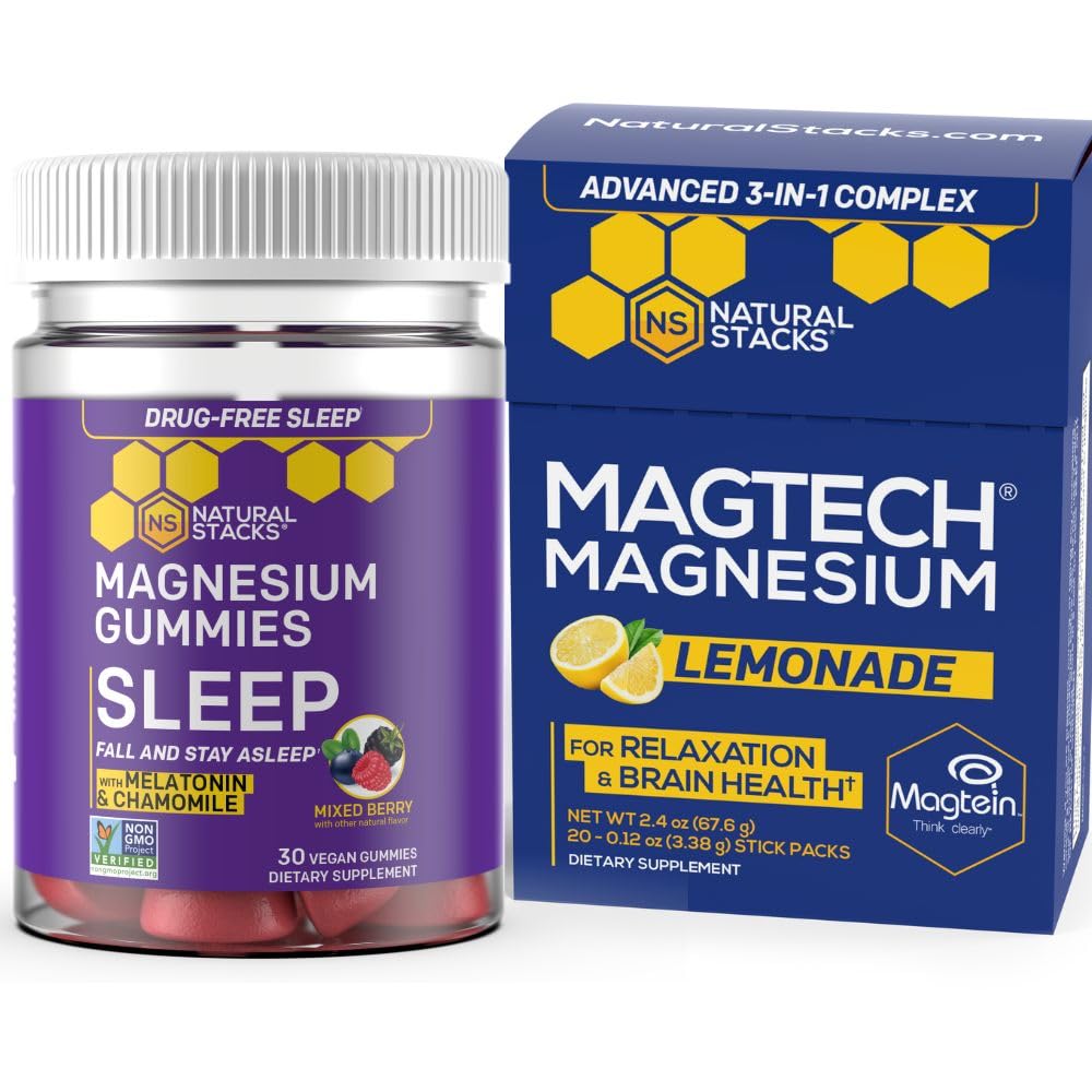 NATURAL STACKS Magtech Magnesium Drink Mix + Sleep Magnesium Gummies Bundle - 4 Forms of Magnesium - Supports Relaxation and Brain Health* - 35 Servings