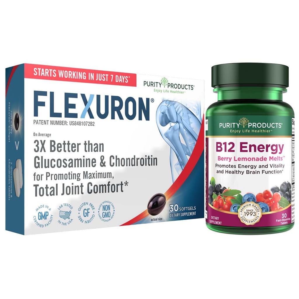 Purity Products Flexuron Joint Formula + B-12 Energy Melt Flexuron (Krillöl, geringe Molmasse Hyaluronsäure, Astaxanthin) - B12 Energy Melt (Methylcobalamin B12, Vitamin D3, Biotin +Mehr)